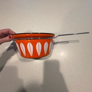 Catherineholm vintage Orange Enamel Saucepan with White Leaf Motif